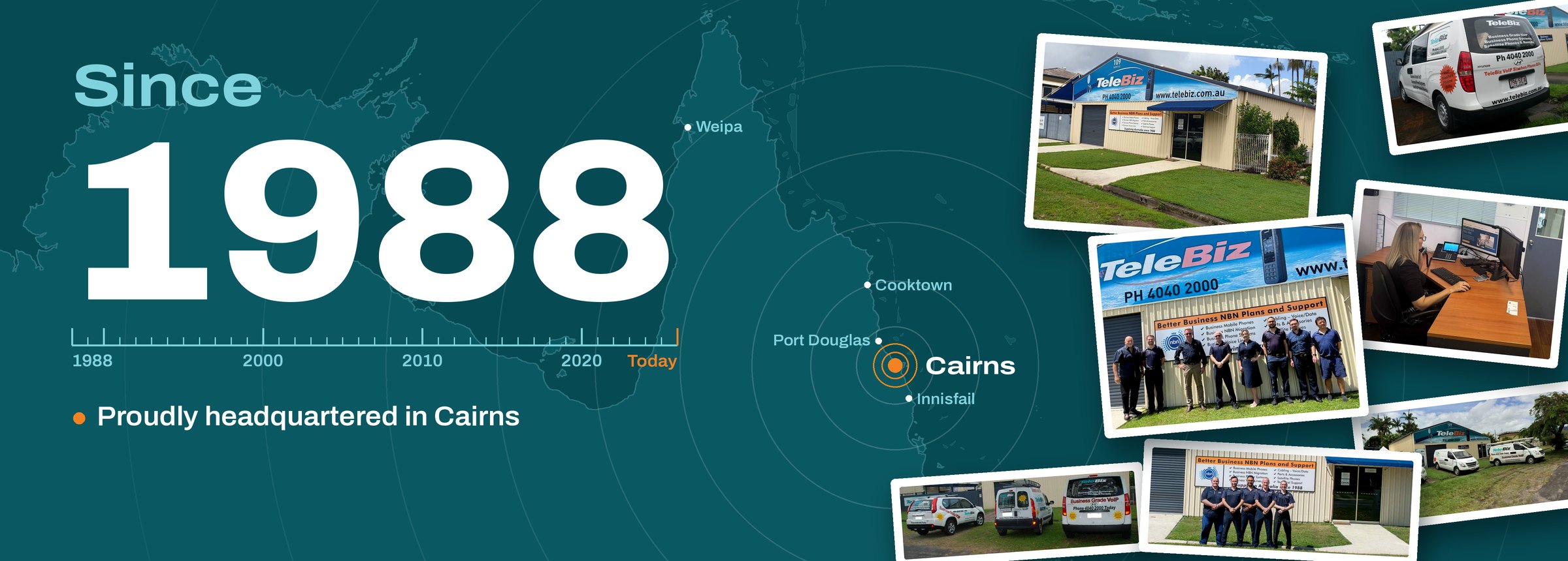 Since 1988: the TeleBiz office at 109 Scott Street, Cairns, with our team, support desk and service vans