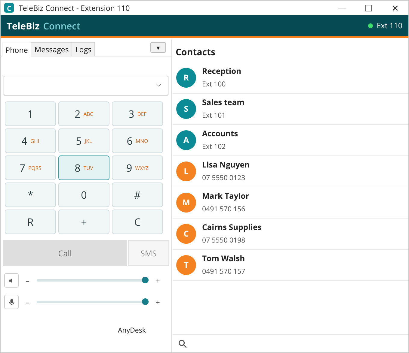 TeleBiz Connect desktop softphone with dial pad and a contact list of team extensions and customers